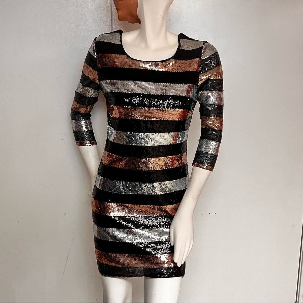 Striped, sequined, mid-sleeved mini, size M